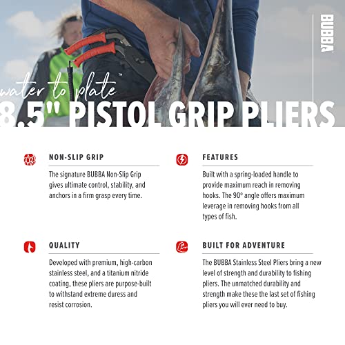 BUBBA Pistol Grip Stainless Steel Pliers, Spring Loaded with Crimping Tool and Anvil Cutter, Lanyard Hold and Sheath