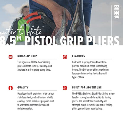 BUBBA Pistol Grip Stainless Steel Pliers, Spring Loaded with Crimping Tool and Anvil Cutter, Lanyard Hold and Sheath