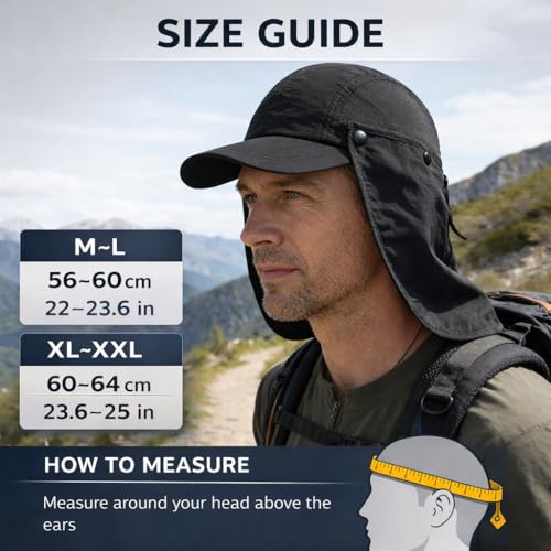 Mens L/XL/XXL Sun Hat with Removable Neck Flap UPF 50+ Fishing Hat Waterproof Quick Dry Breathable Baseball Cap for Cycling - color: Black, size: X-Large-XX-Large