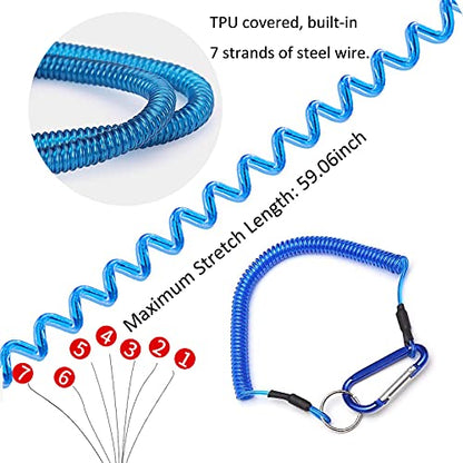 Fishing Lanyards, 7PCS Retractable Steel Wire Coiled Lanyard Safety Fishing Tool Ropes Accessories with Buckle Clip and Split Ring for Pliers Lip Grips Tackle, Boating, Kayak - color: Blue