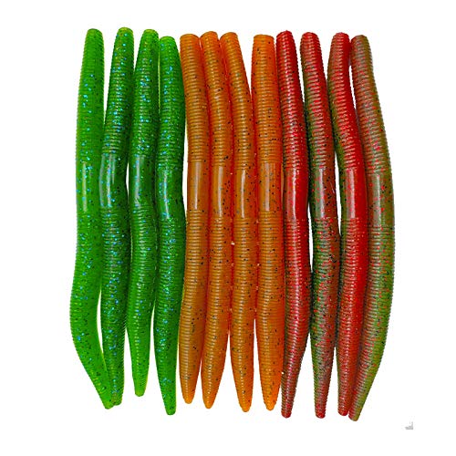 Senko Bait, 12PCS Fishing Soft Plastic Lures, 5.71inch Worms Bass Fishing Lure Kit Rubber Stick Baits with Salt for Wacky Rig Saltwater Freshwater