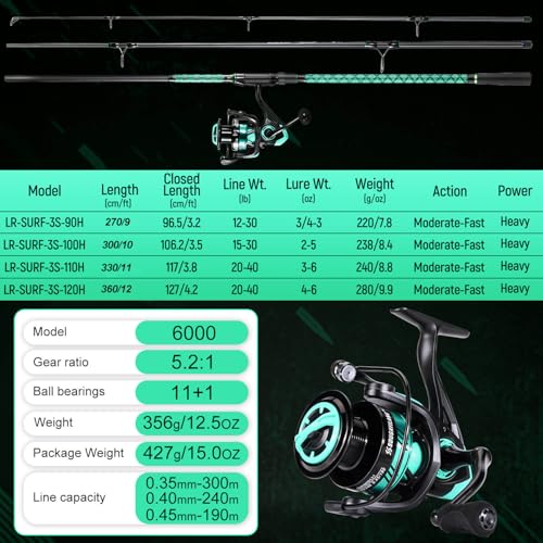 SOUGAYILANG Surf Fishing Rod and Reel Combo, Heavy 3-Piece Travel Spinning Rod with Reel for Red Drum, Striped Bass, Beach & Saltwater Fishing(9'/10'/11'/12') - color: green, size: 11ft