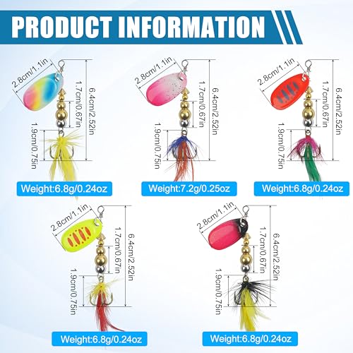 Fishing Lures Spinnerbait Kit Rooster Bait Tail Fishing Lures Inline Spinner Baits Bass Salmon Trout Spoon Hard Metal Spinnerbaits for Saltwater Freshwater - style: 5pcs-2.52"-0.24oz
