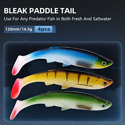 ZHENGYI 4pcs Paddle Tail 14.5g 120mm Fishing Soft Lures 3D Eyes T Tail Artificial Bait Plastic Pike Fishing Lures - color: A