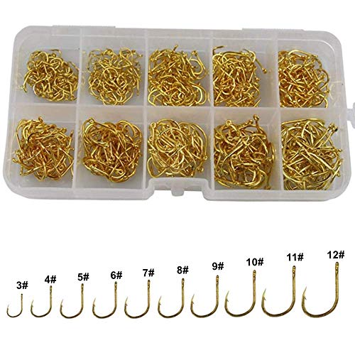 Small Fishing Hooks Set 10 Sizes 600pcs High Carbon Steel Fishing Hooks with a Plastic Box - color: 600pcs Gold Hook