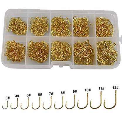 Small Fishing Hooks Set 10 Sizes 600pcs High Carbon Steel Fishing Hooks with a Plastic Box - color: 600pcs Gold Hook