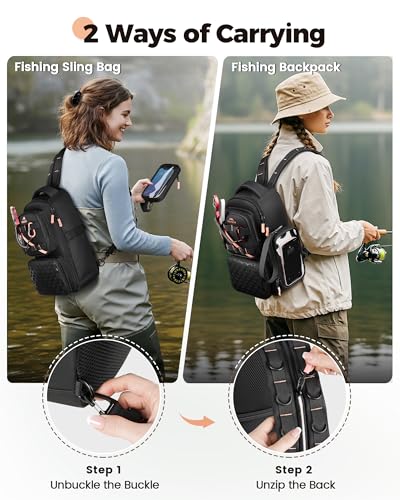 MATEIN Fishing Sling Bag with Phone Pouch, 3600 Tackle Box Backpack | Tackle Bag with Removable Bait Binder, Fishing Bag with Lure Rod Holder, Cooler Compartment, Waterproof, Women Fishing Gifts - color: Black-pink