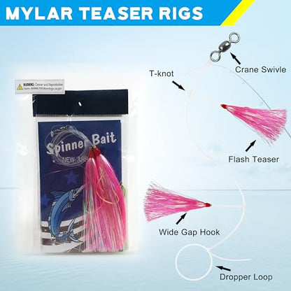 Fishing Teaser Rigs Saltwater, 3/6 Pack Flounder Rigs Hand Tied Sea Bass Hi Lo Rig Fishing Bait Rigs Multicolor Mylar Bucktail Teasers Rig for Flounder Fluke Halibut Sea Bass - size: 6 Packs, style: Bucktai/Mylar Teaser