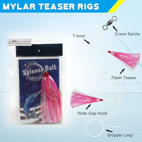 Fishing Teaser Rigs Saltwater, 3/6 Pack Flounder Rigs Hand Tied Sea Bass Hi Lo Rig Fishing Bait Rigs Multicolor Mylar Bucktail Teasers Rig for Flounder Fluke Halibut Sea Bass - size: 6 Packs, style: Mylar Teaser