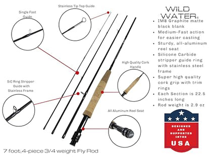 Wild Water Standard Fly Fishing Combo Starter Kit, 3 or 4 Weight 7 Foot Fly Rod, 4-Piece Graphite Rod with Cork Handle, Accessories, Die Cast Aluminum Reel, Carrying Case, Fly Box Case & Fishing Flies