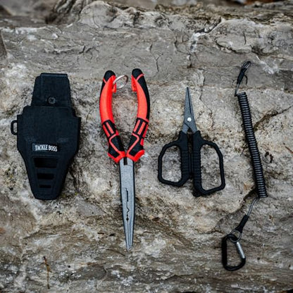 Tackle Boss Outlaw Fishing Pliers & Tool Set – 7.5" Stainless Steel Fishing Pliers, Braid Scissors, Hook Remover & Line Cutter with Holster and Lanyard, Freshwater & Saltwater Fishing Gear - color: Red