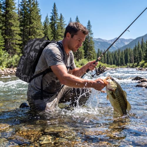 PLUSINNO Fishing Backpack with Fishing Rod and Reel Combos Tackle Boxes, Waterproof Tackle Backpack for Fishg Gear with Rod Holder, Fish Gifts for Men with Tool Kit - color: Black Camo Backpack With Rod and Reel Combo