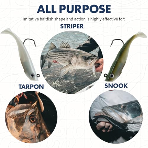 Hogy Protail Paddle Pre-Rigged Swimbait Saltwater Fishing Lure VMC Hook | Pre-rigged paddle tail swimbait with VMC Barbarian hook for Striped Bass, Bluefish, Snook, Tarpon & Tuna. - color: Olive, size: 6.5"/5oz