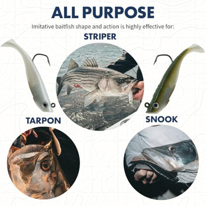 Hogy Protail Paddle Pre-Rigged Swimbait Saltwater Fishing Lure VMC Hook | Pre-rigged paddle tail swimbait with VMC Barbarian hook for Striped Bass, Bluefish, Snook, Tarpon & Tuna. - color: Olive, size: 6.5"/4oz