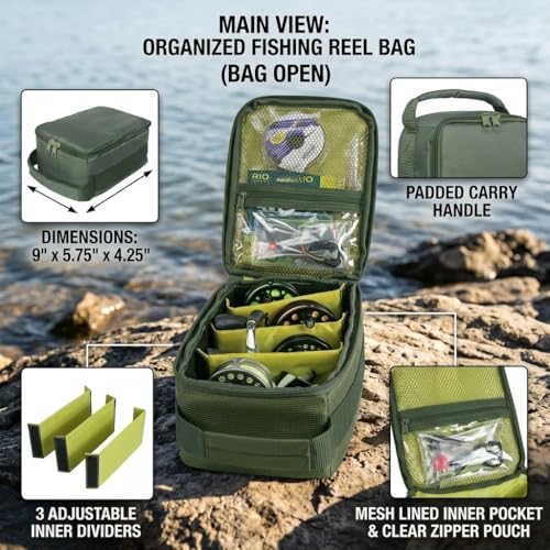 Fishing Tackle Bag Waterproof Fishing Bags Portable Fishing Reel & Gear Bag with 3 Adjustable Dividers for Spinning Baitcasting Fly Reels (Army Green)