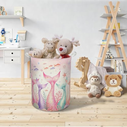 Pink Coastal Mermaid Laundry Basket Hamper,14.2"x14.2"x17.7" | Coastal Beach Mermaid Clothes Toys Books Waterproof Foldable Laundry Basket for for girls Kids Bedroom Bathroom Playroom - color: PINKMER