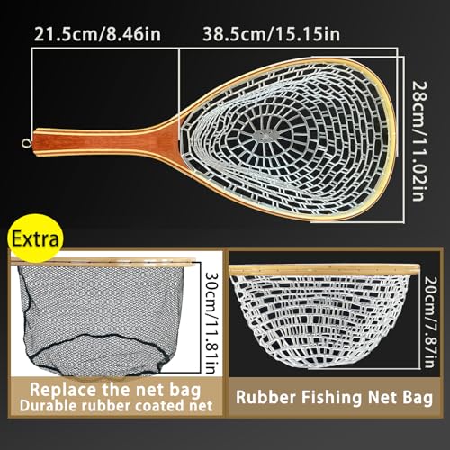 Fly Fishing Landing Net Trout Soft 23.62in Rubber Fish Net with Wooden Handle Frame Fly Fish Net