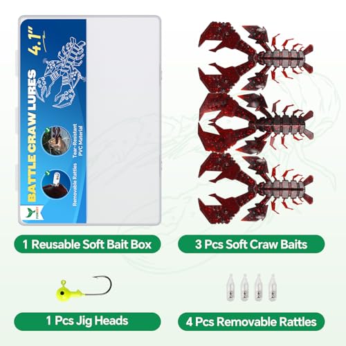 4.1" Crawfish Lure for Bass Fishing, Soft Plastic Craw Bait Kit with Removable Rattles & Jig Head, Reusable Bait Box for Freshwater Bass - color: red