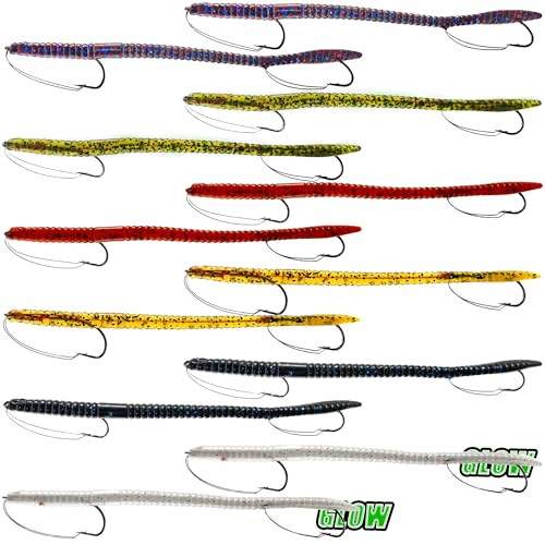 Fishing Lures Bass Lures, Weedless Pre Rigged Bionic Sinking Bass Fishing Lure Soft Plastic Swimbaits for Trout, Walleye, Crappie, Fishing Worm Swim Baits Minnows for Saltwater Freshwater - color: A4-12PCS-Pumpkin Seed, Green Pumpkin, Black Blue, Junebug,