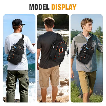 HUNTVP Fishing Sling Bag Lightweight Tackle Bag Small Fishing Backpack Tactical Shoulder Sling Bags with Rod Holder, Storage Gear and Equipment, Gifts for Men (Black) - color: Black