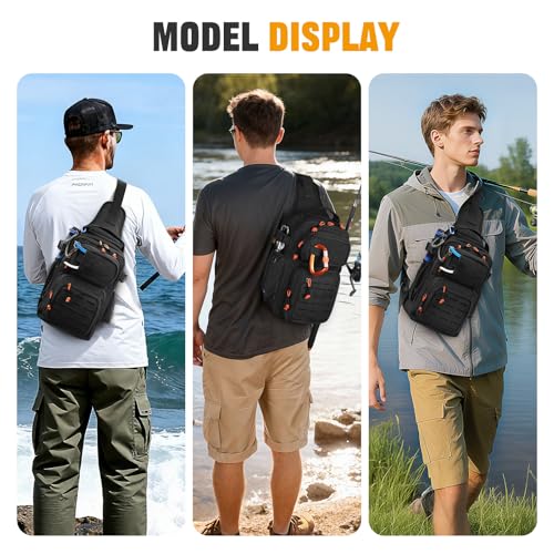 HUNTVP Fishing Sling Bag Lightweight Tackle Bag Small Fishing Backpack Tactical Shoulder Sling Bags with Rod Holder, Storage Gear and Equipment, Gifts for Men (Black) - color: Black