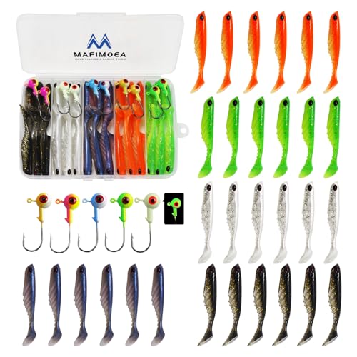 MAFIMOEA 40pcs Crappie Lures kit Jig Heads Hooks Kit Paddle Tail Swim Baits Crappie Jigs Fishing Lures Kit for Saltwater Freshwater Fishing (40pcs kit)