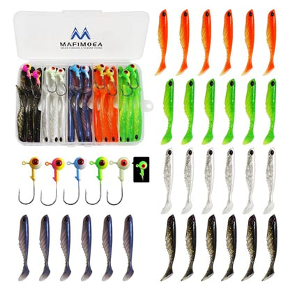 MAFIMOEA 40pcs Crappie Lures kit Jig Heads Hooks Kit Paddle Tail Swim Baits Crappie Jigs Fishing Lures Kit for Saltwater Freshwater Fishing (40pcs kit)