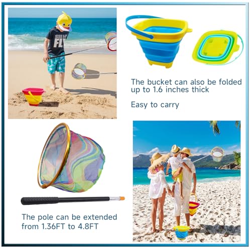 2PCS Fishing Net with Bucket, Telescopic Fishing Landing Net, Collapsible Youth Sand Bucket, Youth Fish Butterfly Catching for Freshwater Saltwater Outdoor Activities - color: Red + Yellow