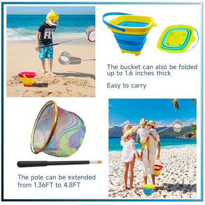 2PCS Fishing Net with Bucket, Telescopic Fishing Landing Net, Collapsible Youth Sand Bucket, Youth Fish Butterfly Catching for Freshwater Saltwater Outdoor Activities - color: Red + Yellow
