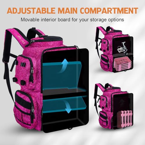 Goture Fishing Backpack with 4 Tackle Boxes,58L 900D Water-Resistant Tackle Backpack with Cooler,Rod Holders,8 Lure Pockets, Detachable Crossbody Bag,Gear Storage Large Fishing Bag for Camping Hiking - color: D1:bling Pink With 4 Tackle Boxes