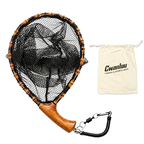 Floating Handcrafted Bamboo Fly Fishing Landing Net, Solid Wood Handle, Soft Rubber Coated Mesh for Trout, Kayak & Stream Fishing, Includes Magnetic Release & Safety Lanyard - size: Large, style: Curved Handlebar