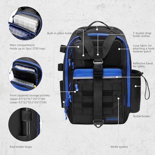 BASSDASH Convertible Fishing Backpack Sling Bag with Rod Holder, Adjustable Tactical Water-Resistant Tackle Storage Pack FP07 - color: Black/Royal Blue, size: Large