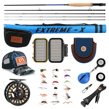 Maxcatch Extreme-X Fly Fishing Rod and Reel Combo, 3-8wt Complete Starter Fishing Outfit with Fly Box, Flies, Rod Clip Holder, Rod Case, Extra Tip Section - size: 3wt-8'4'' 4pc Rod, 3/4wt Reel