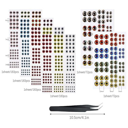 876 PCS Fishing Lure Eyes with 1 Piece Tweezer, 3D 4D 5D Lure Eyes Assortment for Making Fish Bait Fly Tying Streamers Crafts DIY Accessory (6 Sizes: 3 mm/ 4 mm/ 5 mm/ 6 mm/ 8 mm/ 10 mm)