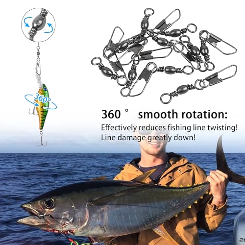Fishing Barrel Swivel Snap Kit,Rolling Barrel Swivels with Safety Snaps High Strength Copper and Stainless Steel Fishing Quick Connect Snap Swivel Fishing Tackle - color: Black Colors - 60pcs