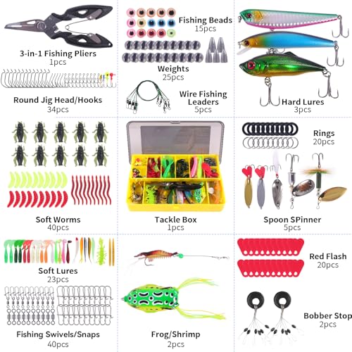 140/234PCS Fishing Lures Kit with Pliers, Fishing Gear Tackle Box Included Tackles, Bionic Baits,Spoon, Hooks, Weights Freshwater, Saltwater and Accessories for Men Women Kids - size: 234PCS