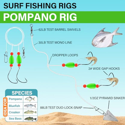 Alwonder 5-Pack Pompano Rigs Surf Fishing Rigs with Snell Floats, Saltwater Live Bait Rig Swivels Duo Lock Snaps Circle Wide Gap Kahle Hooks Rig for Beach Surf Casting Pier Jetty Fishing - color: Green 5-Pack, size: #2 Wide Gap Hook