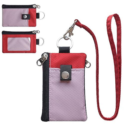 CHENSPRX Minimalist RFID Blocking Small Wallet with ID Window,WaterResistant Zip Id Case Wallet with Lanyard Keychain for Cards,Cash,Travel,Women,Men - color: LightPurple+Red
