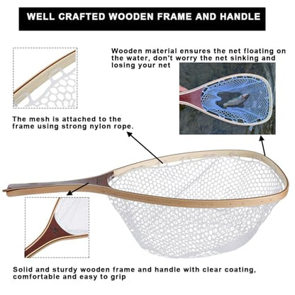 Kylebooker Fly Fishing Landing Net Wooden Frame Trout Fishing Net Soft Rubber Mesh for Catch and Release - color: Square Shape-Small Hole