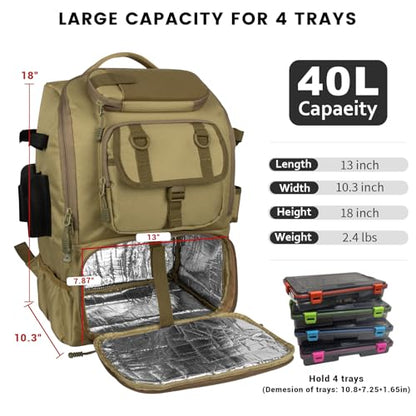 Hp hope Fishing Backpack with Rod Holders & Cooler, 40L Fishing Tackle Bag Fishing Tackle Storage Backpack Fishing Gear for Camping, Khaki - color: Khaki