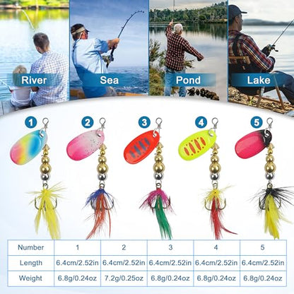 Spinner Baits Bass Lures Rooster Feather Tail Fishing Lures Trout Lures Hard Metal Inline Spinnerbaits for Bass Trout Pike Walleye Salmon with Tackle Box - style: D-5pcs-2.5"-0.24oz