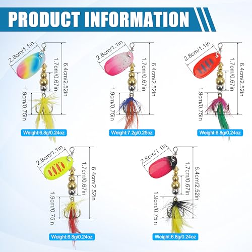Spinner Baits Bass Lures Rooster Feather Tail Fishing Lures Trout Lures Hard Metal Inline Spinnerbaits for Bass Trout Pike Walleye Salmon with Tackle Box - style: D-5pcs-2.5"-0.24oz