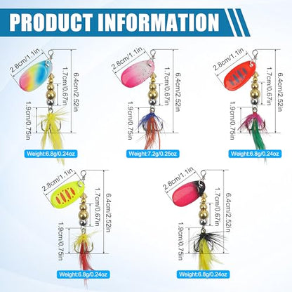Spinner Baits Bass Lures Rooster Feather Tail Fishing Lures Trout Lures Hard Metal Inline Spinnerbaits for Bass Trout Pike Walleye Salmon with Tackle Box - style: D-5pcs-2.5"-0.24oz