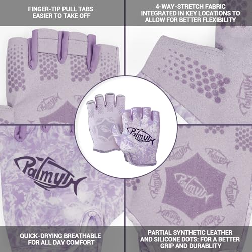 Palmyth Stubby UV Fishing Gloves Sun Protection Fingerless Glove Men Women UPF 50+ SPF for Kayaking, Paddling, Canoeing, Rowing, Driving - color: Lilac Tide, size: X-Large