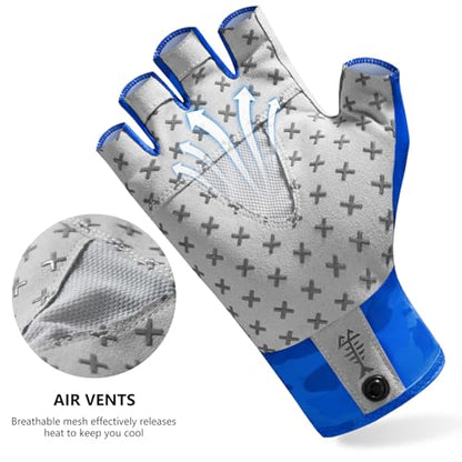 BASSDASH Unisex UPF 50+ Half Finger Sun Gloves Fingerless Breathable UV Protection for Fishing Hiking Kayaking Rowing FG02 - color: Blue Camo/Catfish, size: Large