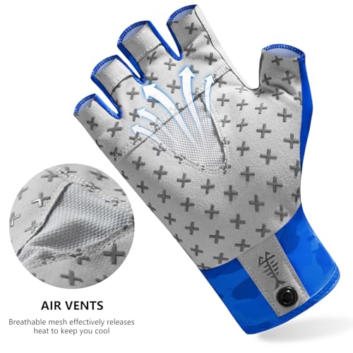 BASSDASH Unisex UPF 50+ Half Finger Sun Gloves Fingerless Breathable UV Protection for Fishing Hiking Kayaking Rowing FG02 - color: Blue Camo/Catfish, size: Medium