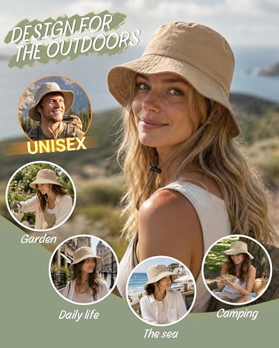 Water-Resistant Sun UPF 50+ Bucket Hat Protection Packable Brimmed Boonie for Women Men Summer Lightweight Hiking Outdoor Cap - color: Khaki