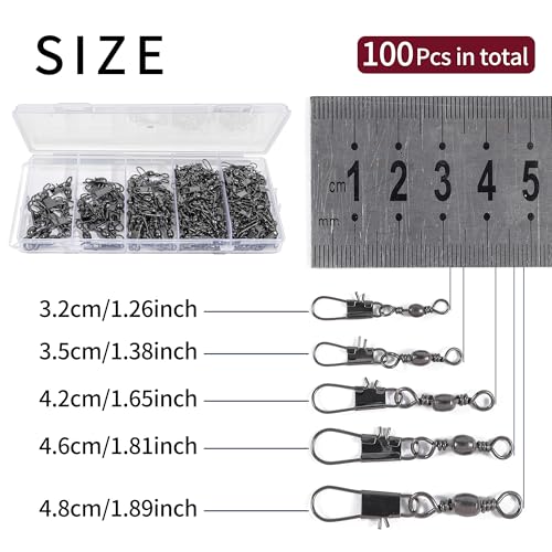 100Pcs Fishing Swivels, 5 Sizes Barrel Snap Swivel Fishing Tackle for Quick Linking of Lures and Lines