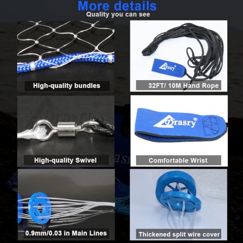 Drasry Saltwater American Fishing Cast Net 3/8inch Mesh Size for Bait Shrimp Trap Fish Heavy Duty Sinkers Throw Net 3FT/4FT/5FT/6FT/7FT/8FT/9FT/10FT Radius - color: White B, size: 4FT Radius, style: Mono -Zinc-iron-3/8" Mesh 0.66lb/Ft
