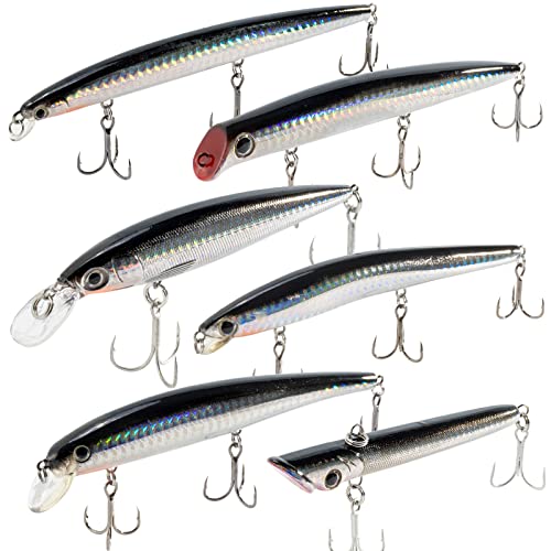 Dr.Fish Saltwater Fishing Lures Kit 5" Surf Fishing Sriper Saltwater Minnow Lures Mustad Hooks Jerkbait Popper Plugs Inshore Offshore Mackerel Tarpon Barracuda - color: Black,Silver(pack of 6)
